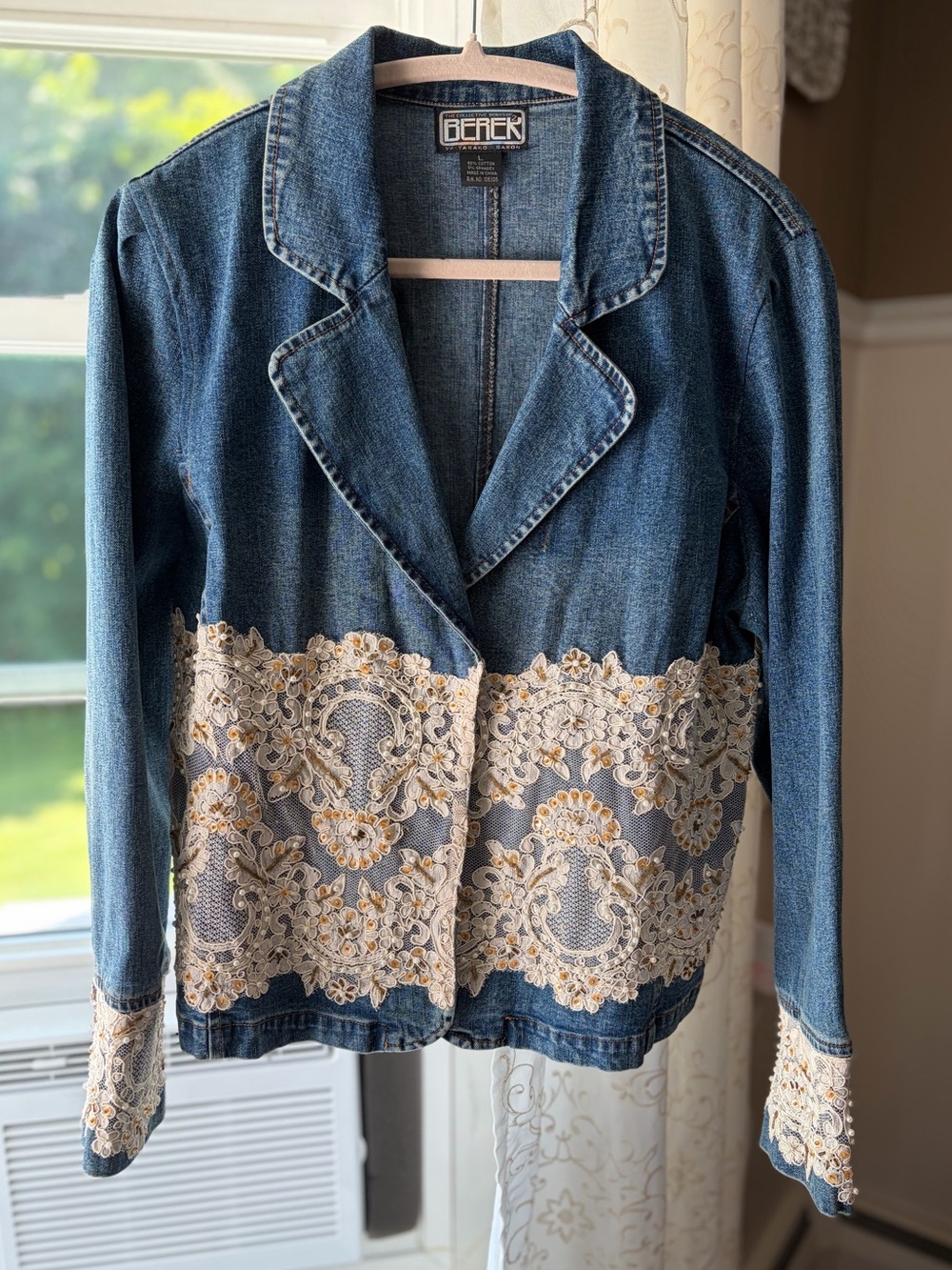 VTG Y2K Shabby Chic Lace Cottagecore Embellished Denim Jacket Boho Romantic Sz L